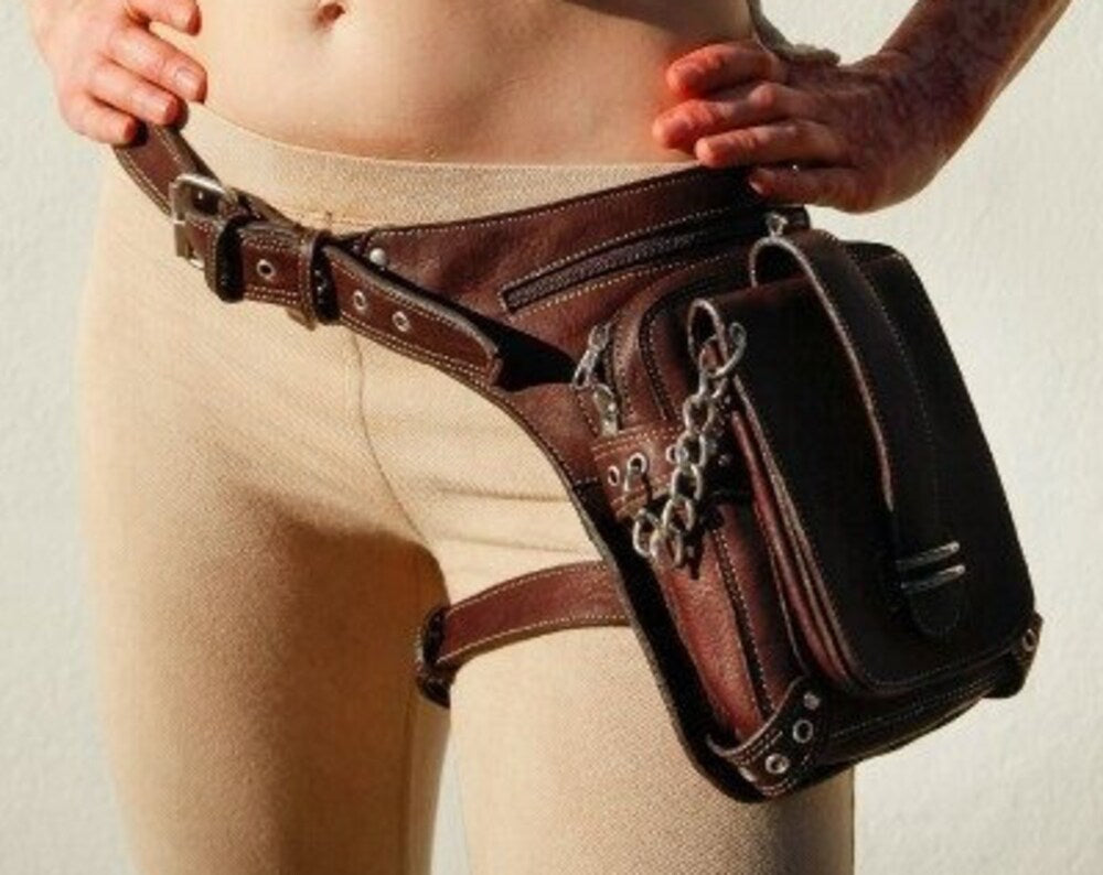 Brown Leather Utility Bag with Chain and Leg Strap