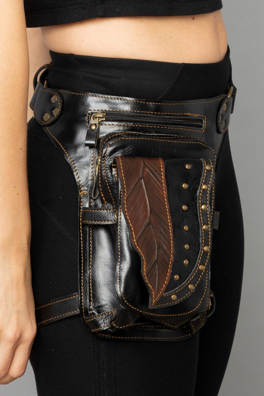 Genuine Leather Designer Fanny Pack Waist Bag with Belt and Leg Band for Men and Women | Drop Leg Pouch | Leaf Belt Bag