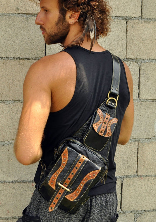 Cross body Messenger Leather Bag | Genuine Leather Sling Bag for Men or Women | Chest Shoulder Backpack for Travel or  Hiking