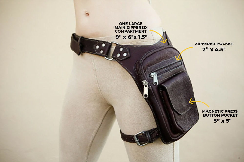 Motorcycle Leg Bag  | Biker Holster Bag | Festival Belt Bag with Removable Leg Strap | Brown Drop Leg Pouch with Leg Strap| Hiking Belt
