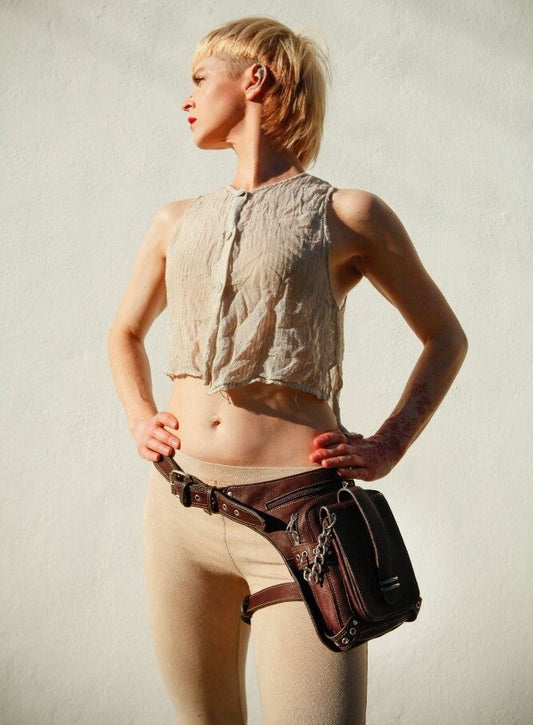 Brown Leather Utility Bag with Chain and Leg Strap | Festival Drop Leg Bag | Motorcycle Belt Bag | Burning Man Leg Holster