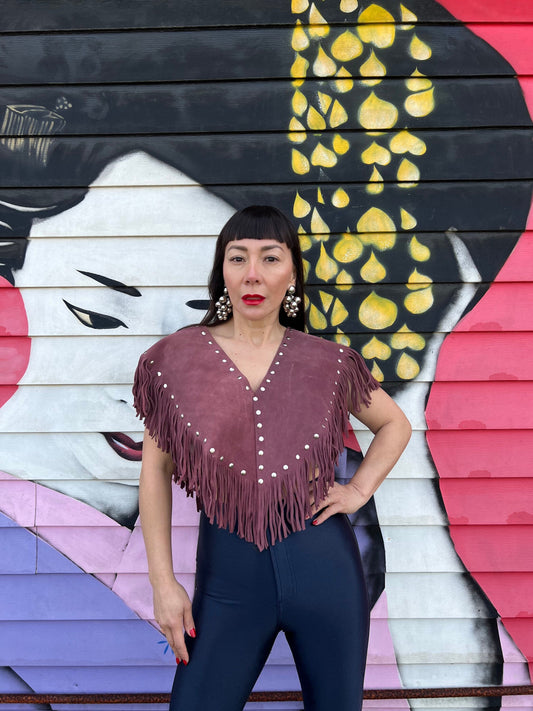 Women’s  Leather Pullover Vest with Long Fringe Tassels | Biker Chick Women’s Rivet Stud Leather Top for Burning Man, Festival Clothing
