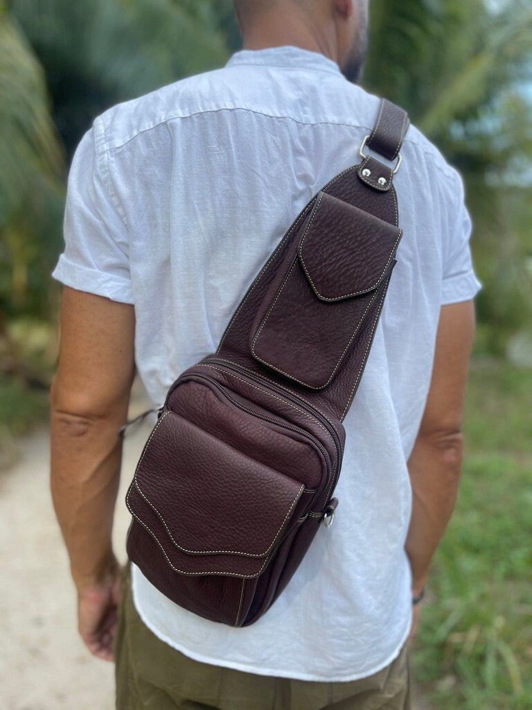 Small  Leather Messenger Sling Bag for Men and Women with Adjustable Shoulder Strap