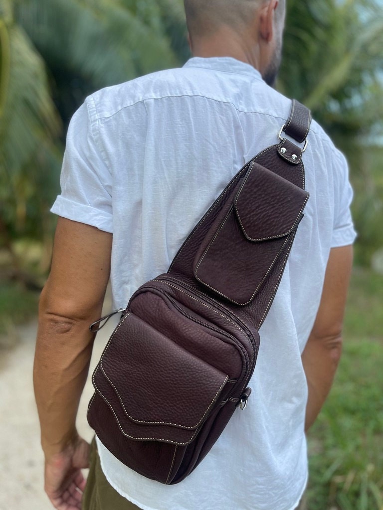 Small  Leather Messenger Sling Bag for Men and Women with Adjustable Shoulder Strap