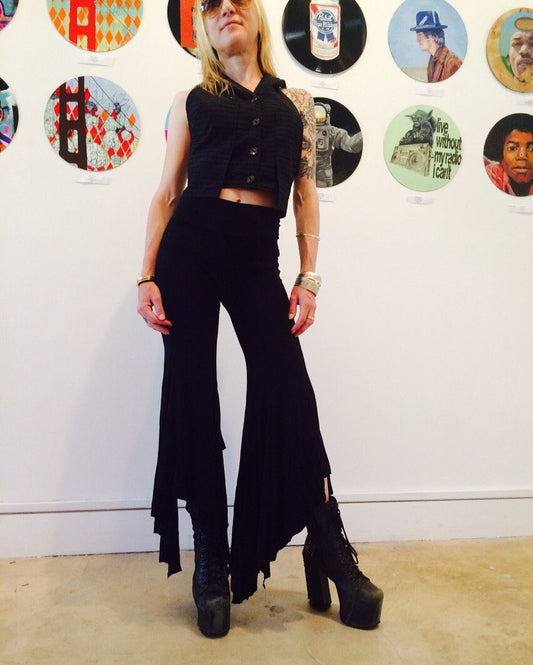 Black Flowy Festival Pants | Flare 70's Style Black Pants | Bell Bottom Black Pants Wear Low or High Waisted